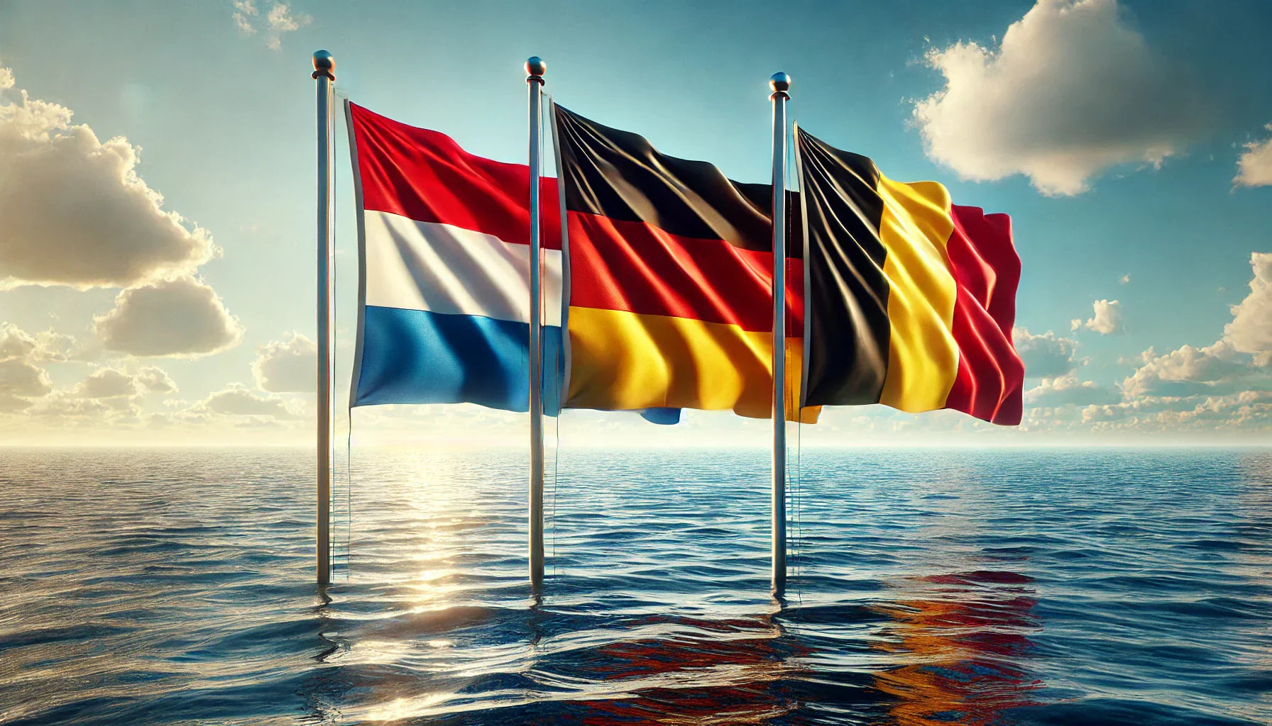 Drie vlaggen wapperend in de zee