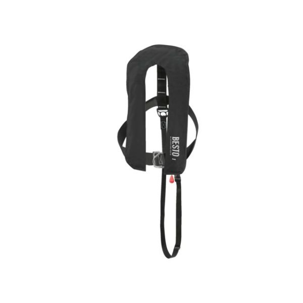 Besto Automatic Harnas 300N zwart – opblaasbaar reddingsvest met harnas voor extreme veiligheid op zee.